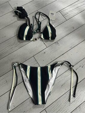 Striped Tie-Side Triangle Bikini in Green and Black